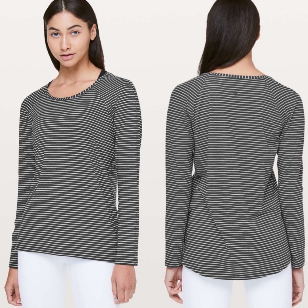 Lululemon Emerald Long Sleeve Shirt Top Modern Stripe Dark Gray White 8 Workout